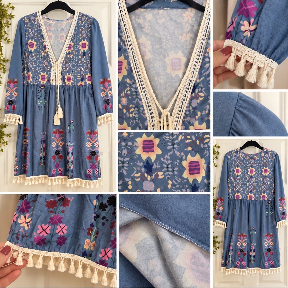 Girls Blue Embroidered Tassel Dress with Crochet Trim